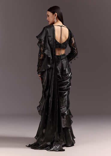 Black Frill Ready Drape Cutdana Sequin Saree With Square Neck Blouse