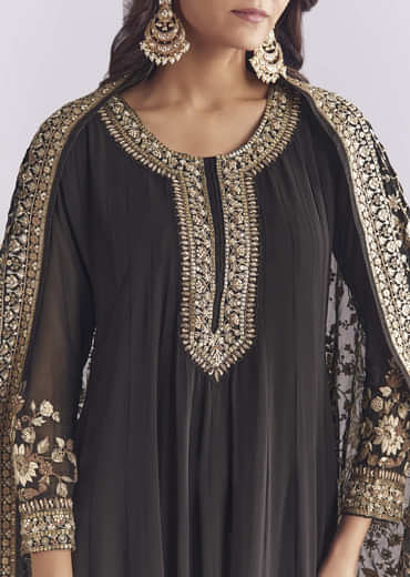 Black Georgette Anarkali Suit With Thread And Sequins Work