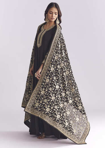 Black Georgette Anarkali Suit With Thread And Sequins Work