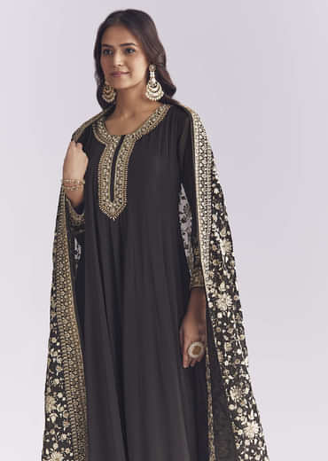 Black Georgette Anarkali Suit With Thread And Sequins Work