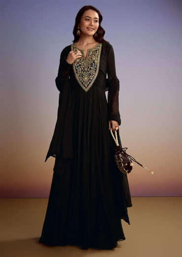 Black Georgette Anarkali Suit With Zari And Sequins Work