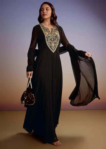 Black Georgette Anarkali Suit With Zari And Sequins Work