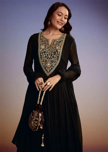 Black Georgette Anarkali Suit With Zari And Sequins Work
