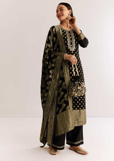 Black Georgette Banarasi Kurta Set With Mirror And Cutdana Neckline