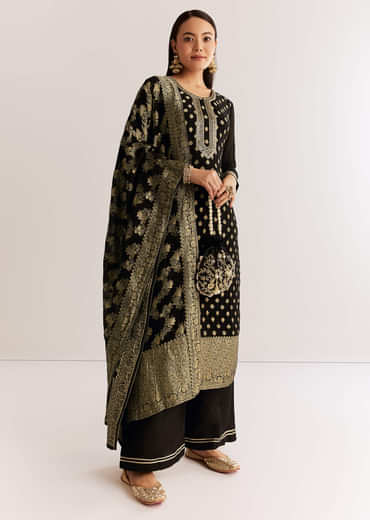 Black Georgette Banarasi Kurta Set With Mirror And Cutdana Neckline