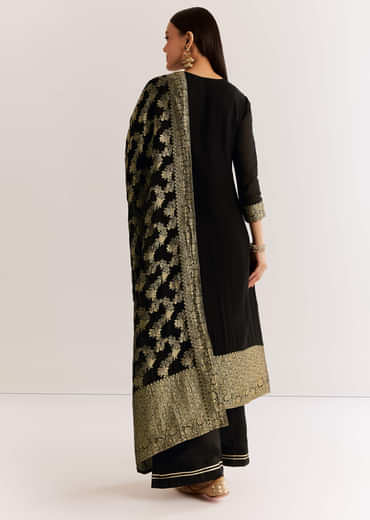 Black Georgette Banarasi Kurta Set With Mirror And Cutdana Neckline