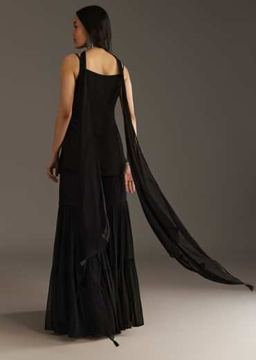 Black Georgette Kurta With Cut Dana And Moti Work And Tassel Dupatta