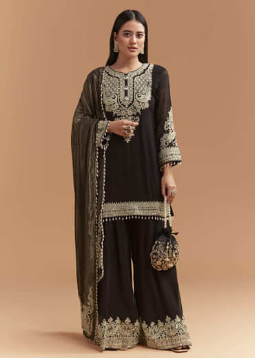Black Georgette Palazzo Suit With Moti And Zari Work