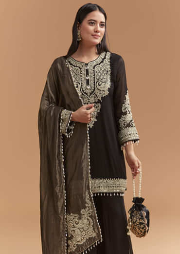 Black Georgette Palazzo Suit With Moti And Zari Work