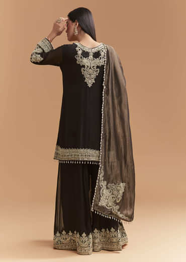Black Georgette Palazzo Suit With Moti And Zari Work