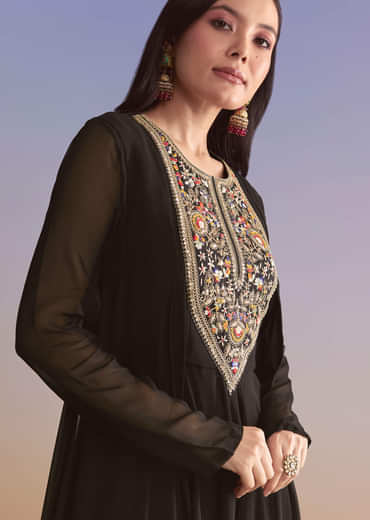 Black Georgette Palazzo Suit With Sequins And Resham Embroidery