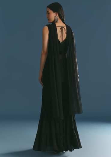 Black Georgette Peplum Kurta Sharara Set With Beads And Sequins