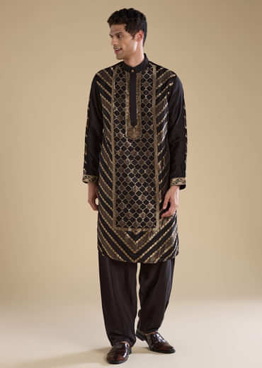 Black Handwoven Jacquard Silk Mens Kurta Pant Set