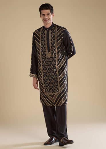 Black Handwoven Jacquard Silk Mens Kurta Pant Set