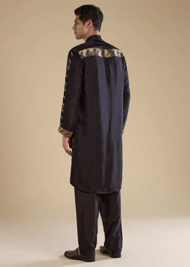 Black Handwoven Jacquard Silk Mens Kurta Pant Set