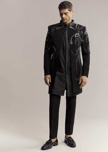 Black Imported Organza Indo Western For Men With Heavy Embroidery