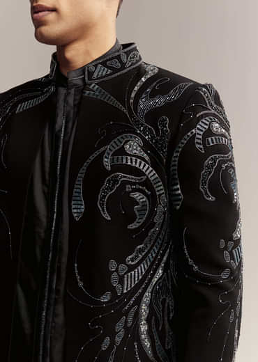 Black Imported Organza Indo Western For Men With Heavy Embroidery