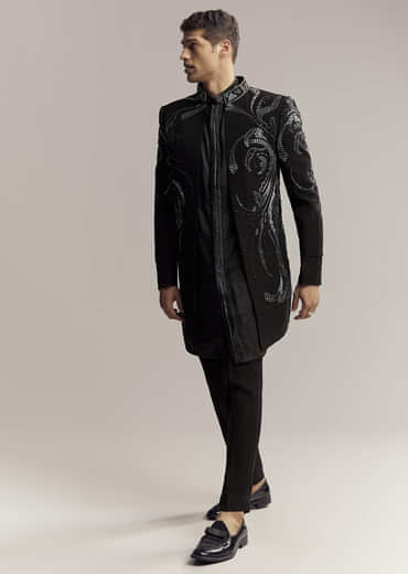Black Imported Organza Indo Western For Men With Heavy Embroidery