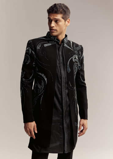 Black Imported Organza Indo Western For Men With Heavy Embroidery