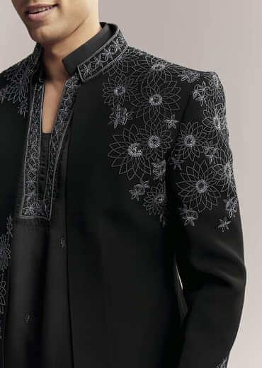Black Imported Satin Organza Indo Western For Men With Zardosi Embroidery