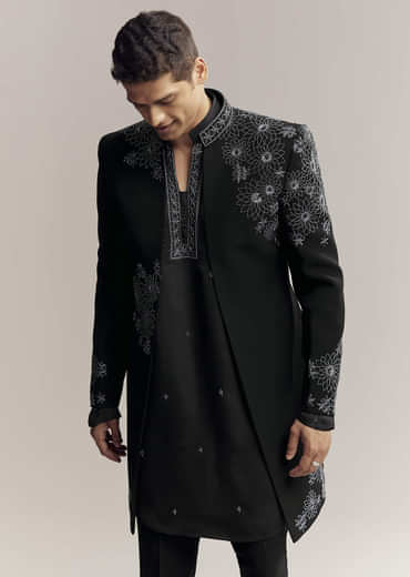 Black Imported Satin Organza Indo Western For Men With Zardosi Embroidery
