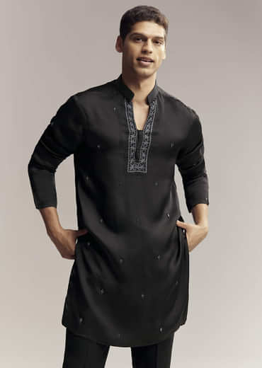 Black Imported Satin Organza Indo Western For Men With Zardosi Embroidery