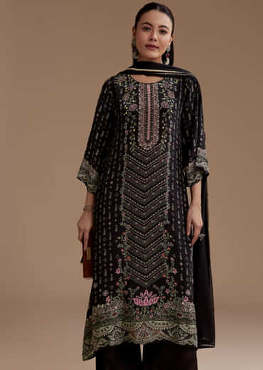 Black Indie Print Kurta Set with Stone Work