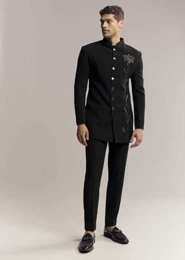 Black Indo Western For Men With Heavy Embroidery On Suiting Fabric