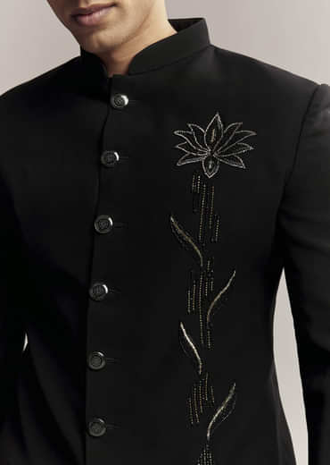 Black Indo Western For Men With Heavy Embroidery On Suiting Fabric