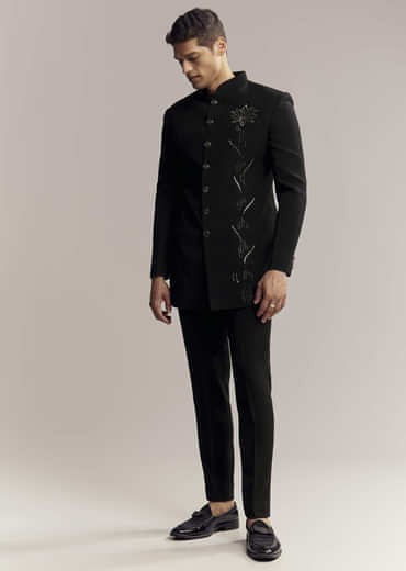 Black Indo Western For Men With Heavy Embroidery On Suiting Fabric