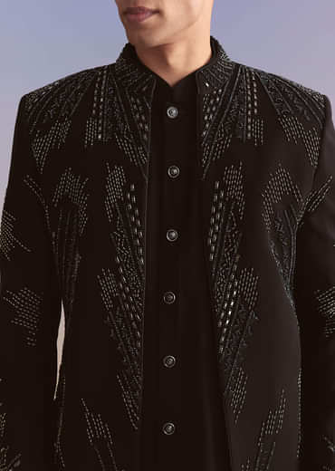 Black Indo Western Set For Men With Beads Work
