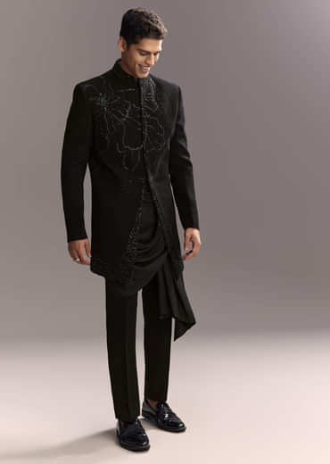 Black Indo Western Set For Men With Heavy Hand Work