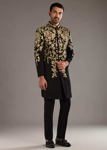 Black Indo Western Set For Men With Zardosi Embroidery