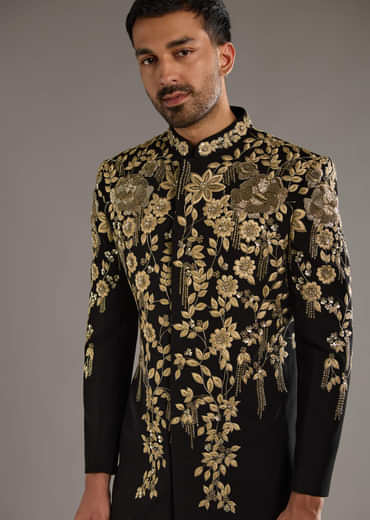 Black Indo Western Set For Men With Zardosi Embroidery