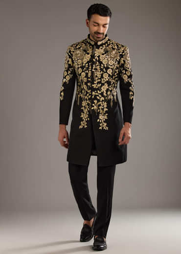 Black Indo Western Set For Men With Zardosi Embroidery