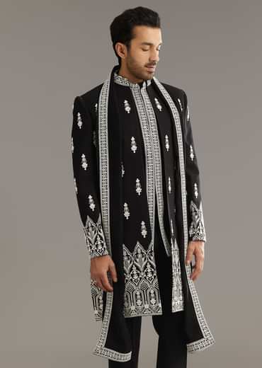 Black Indo Western Set With Embroidery On Japanese Fabric