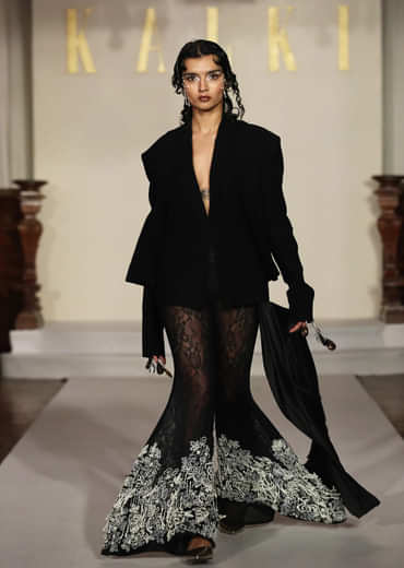 Black Indo Western Suit For Women With Pearl Tasselled Pants