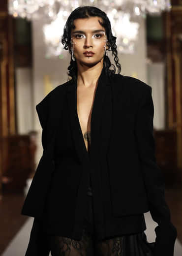 Black Indo Western Suit For Women With Pearl Tasselled Pants