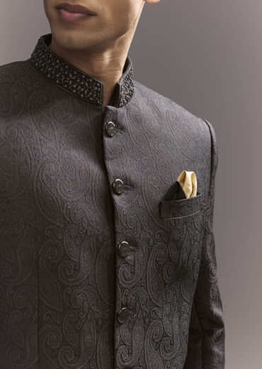 Black Jacquard Jodhpuri Suit For Men With Subtle Paisley Motifs