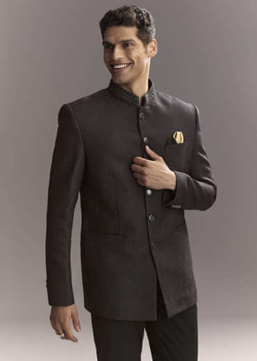 Black Jacquard Jodhpuri Suit For Men With Subtle Paisley Motifs