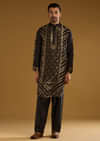Black Jacquard Kurta Set For Men With Handwoven Work