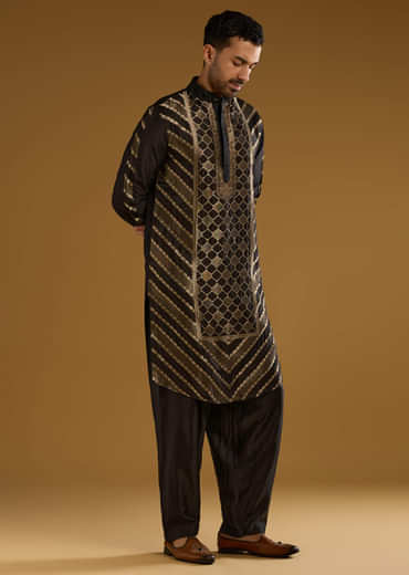 Black Jacquard Kurta Set For Men With Handwoven Work