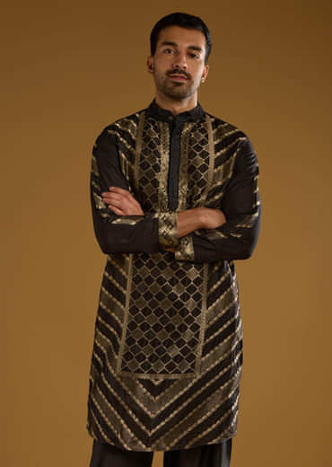 Black Jacquard Kurta Set For Men With Handwoven Work
