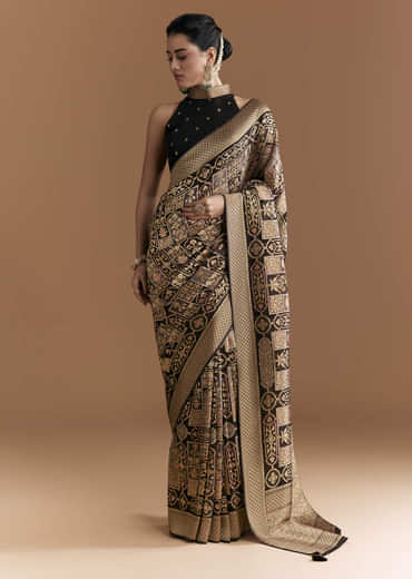 Black Khadhi Georgette Saree With Floral And Geometric Zari Work
