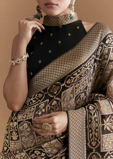 Black Khadhi Georgette Saree With Floral And Geometric Zari Work