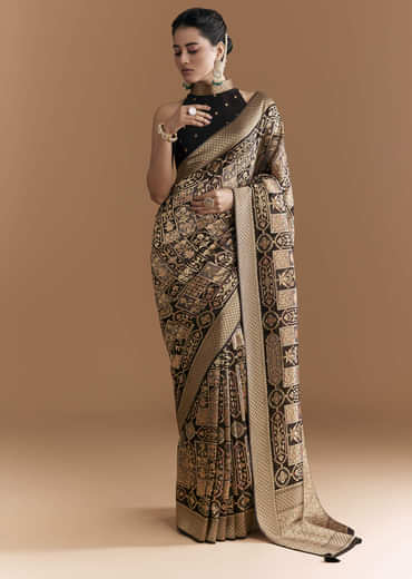 Black Khadhi Georgette Saree With Floral And Geometric Zari Work