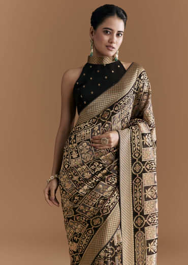Black Khadhi Georgette Saree With Floral And Geometric Zari Work
