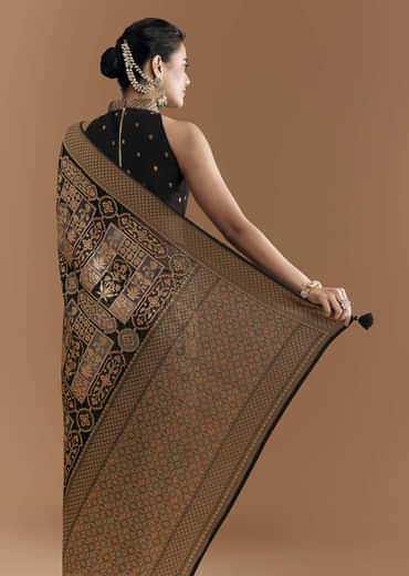 Black Khadhi Georgette Saree With Floral And Geometric Zari Work
