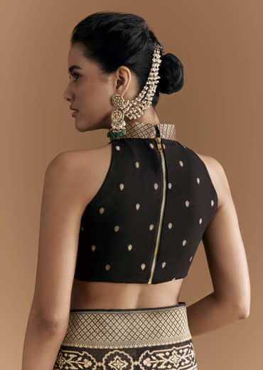 Black Khadhi Georgette Saree With Floral And Geometric Zari Work