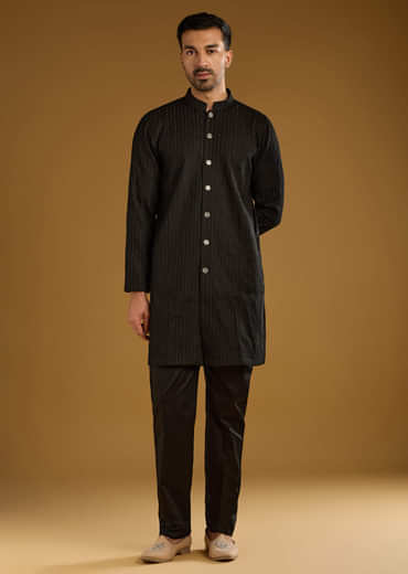 Black Kurta Jacket Set For Men With Beads Embroidery